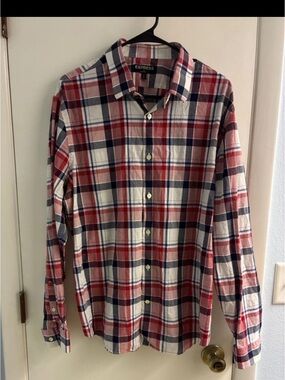Express Men’s Red White and Navy Plaid Button-Down Shirt